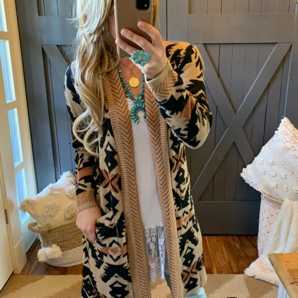 New Montana Western Long Cardigan Sweater Top / Tribal Native Aztec Yellowstone - Picture 5 of 8
